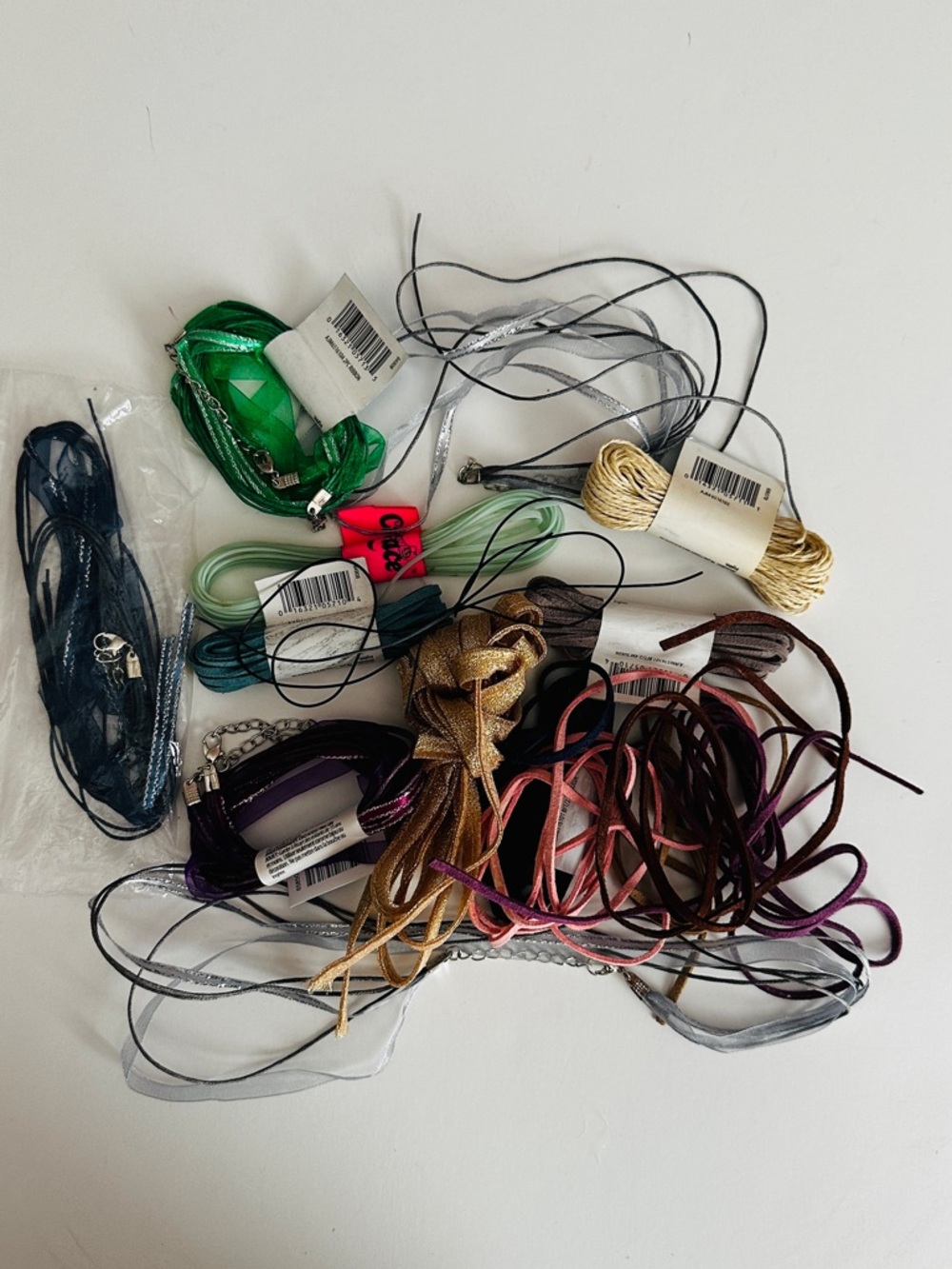 Lot #1 Mixed Jewelry Cord & Ribbon Lot — Green, Gold, Pink, Purple, Black